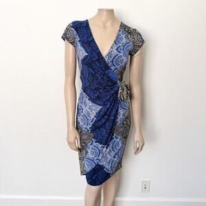 [Cache] Blue Brown Faux Wrap V-Neck Paisley Knot Waist Dress Work Size Small S